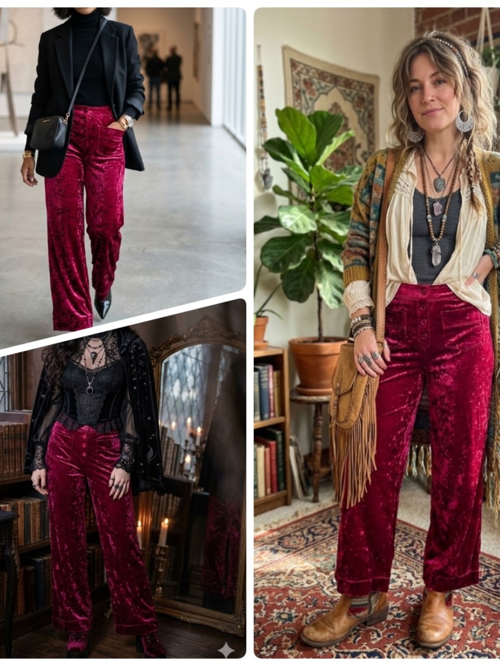 Velvet High-Rise Wide-Leg Pants in Wine Red Boho Glam Wimsygoth Festival
